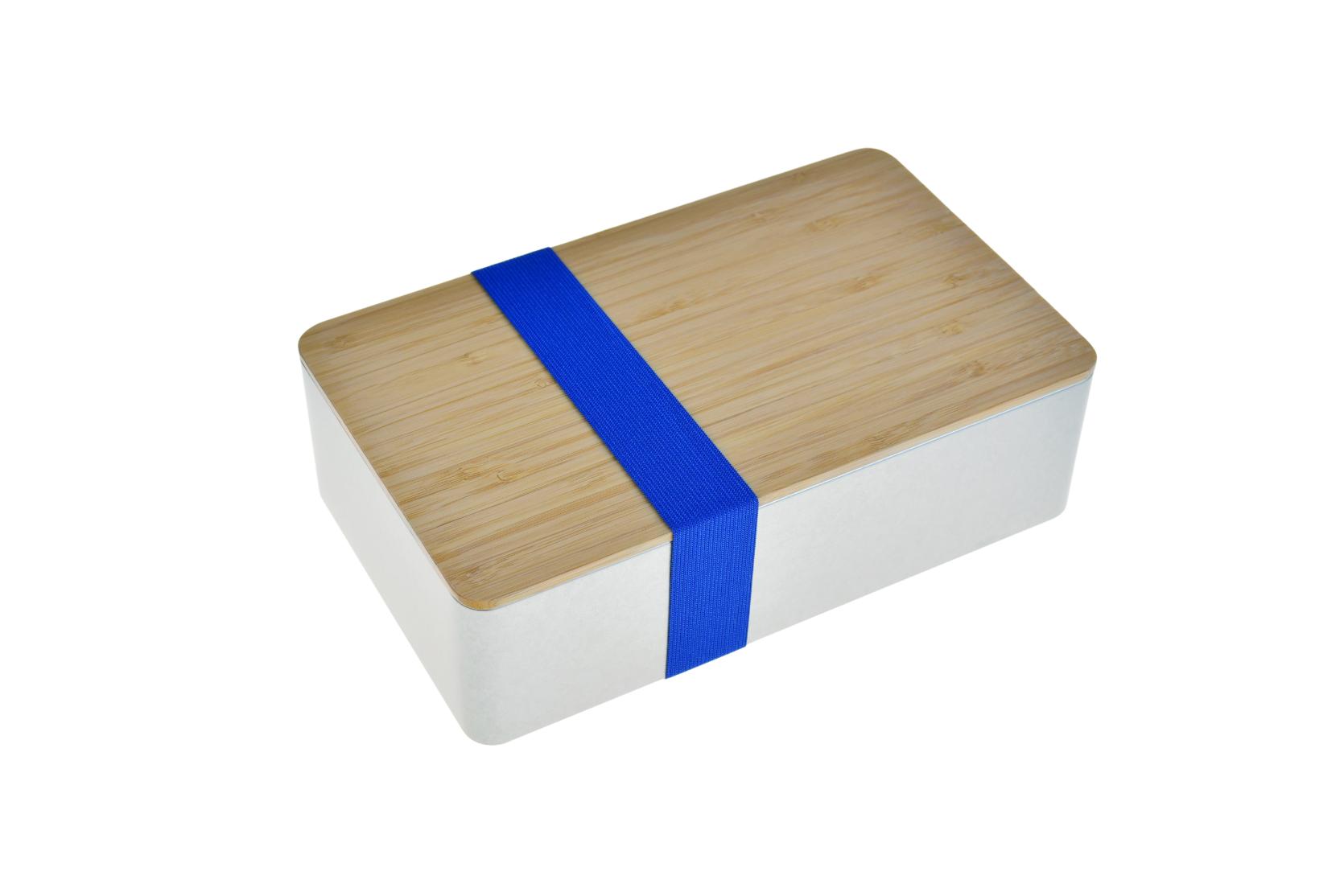 Rechteckige Metalldose mit Bambusdeckel und dunkelblauem Gummiband – Doseplus DSE 31F.