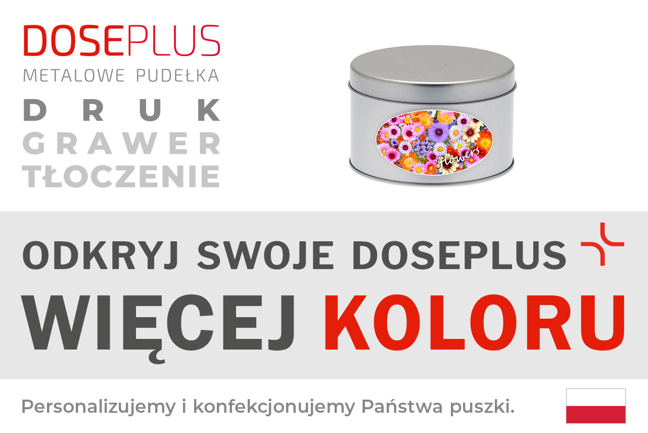 Okrągła srebrna puszka metalowa Doseplus z kolorową naklejką z kwiatami i napisem „flowers”. Tekst: „Tłoczenie, grawer laserowy, nadruk – odkryj Doseplus, więcej kolorów i radości”.
