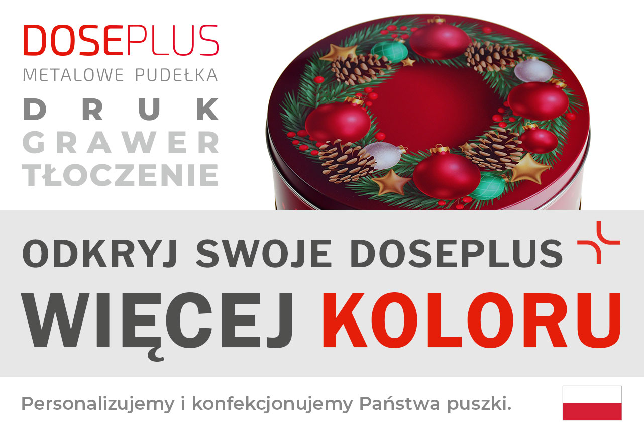 Okrągła metalowa puszka Doseplus z motywem świątecznym – wieniec z gałązek sosny, czerwonych i zielonych bombek, złotych gwiazdek i szyszek na czerwonym tle. Tekst: „Tłoczenie, grawer laserowy, nadruk – odkryj Doseplus, więcej kolorów”.