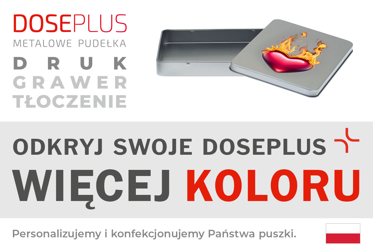 Metalowe pudełko Doseplus DIN A6 – baner z napisem: Odkryj swoje Doseplus, więcej koloru. Prostokątna puszka z nadrukiem w pełnym kolorze do personalizacji.