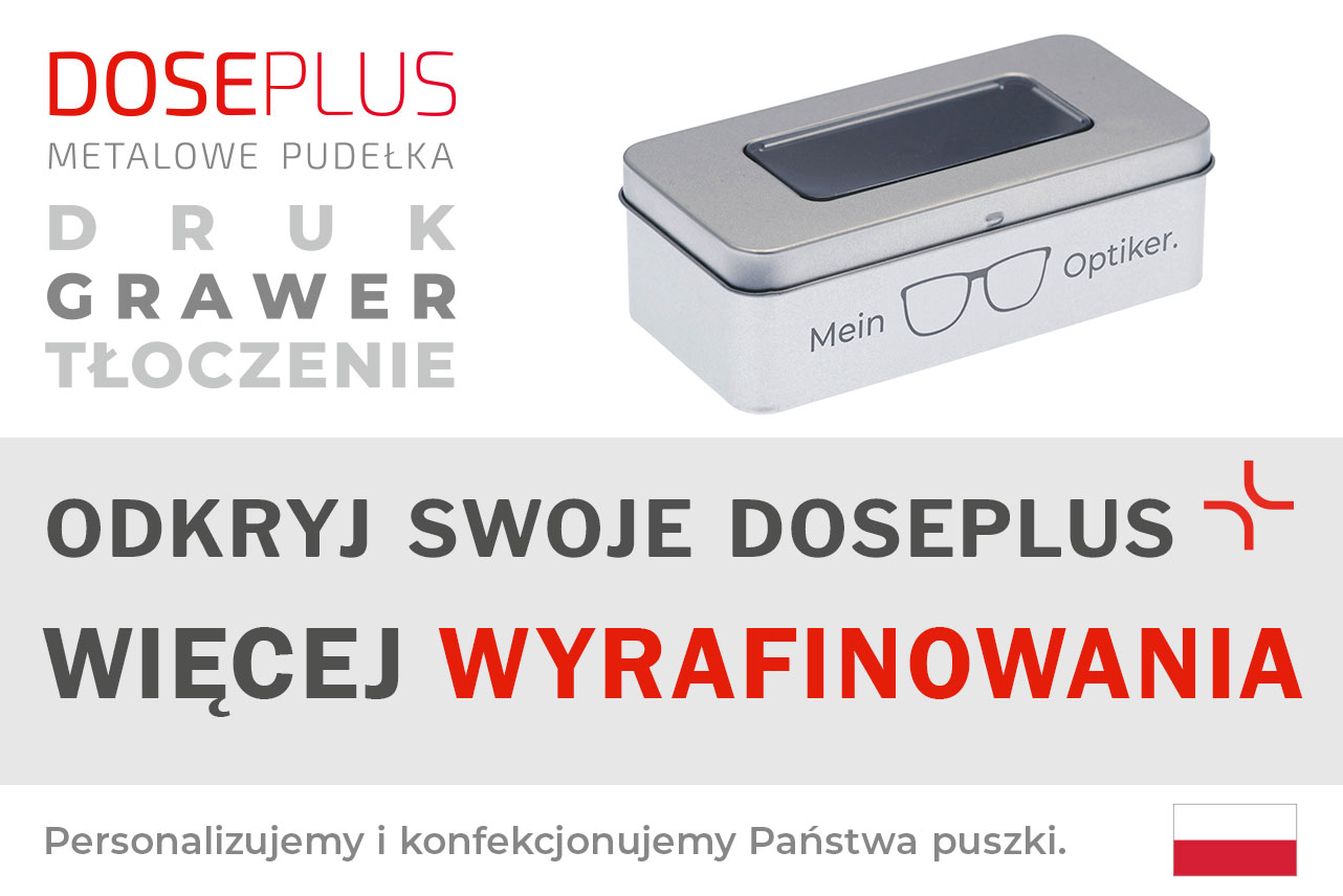 Srebrna prostokątna puszka metalowa Doseplus z okienkiem i grawerem laserowym przedstawiającym okulary oraz napis „Mein Optiker”. Tekst: „Tłoczenie, grawer laserowy, nadruk – odkryj Doseplus, więcej wykończenia”.