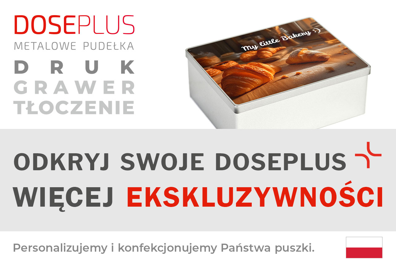 Srebrna prostokątna puszka metalowa Doseplus z nadrukiem cyfrowym przedstawiającym rogaliki i napisem „My little Bakery”. Tekst: „Tłoczenie, grawer laserowy, nadruk – odkryj Doseplus, więcej ekskluzywności”.