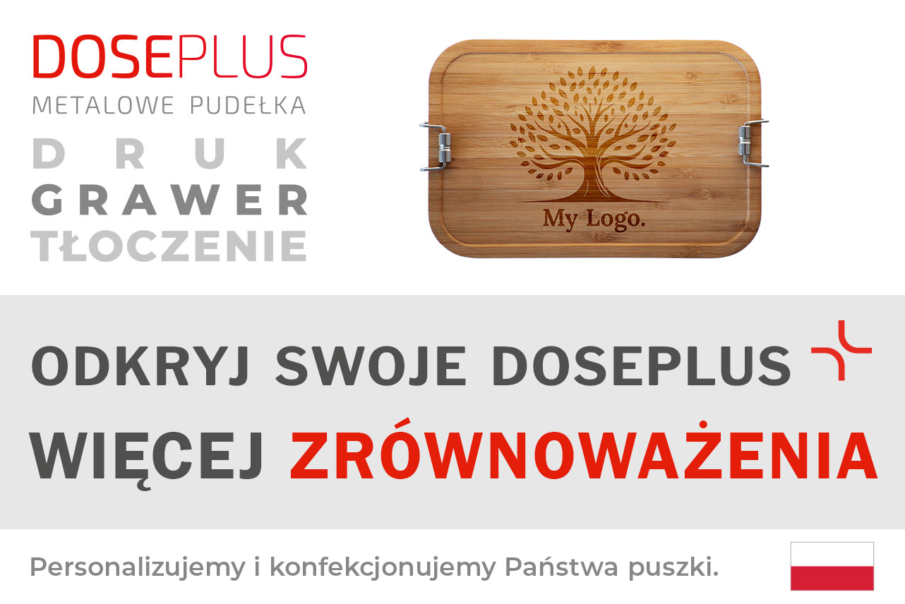 Duże stalowe pudełko śniadaniowe CP BA C8 z bambusową pokrywką – Baner: Odkryj swoje Doseplus – Więcej zrównoważenia. Trwała lunchbox idealna do personalizacji i brandingu.