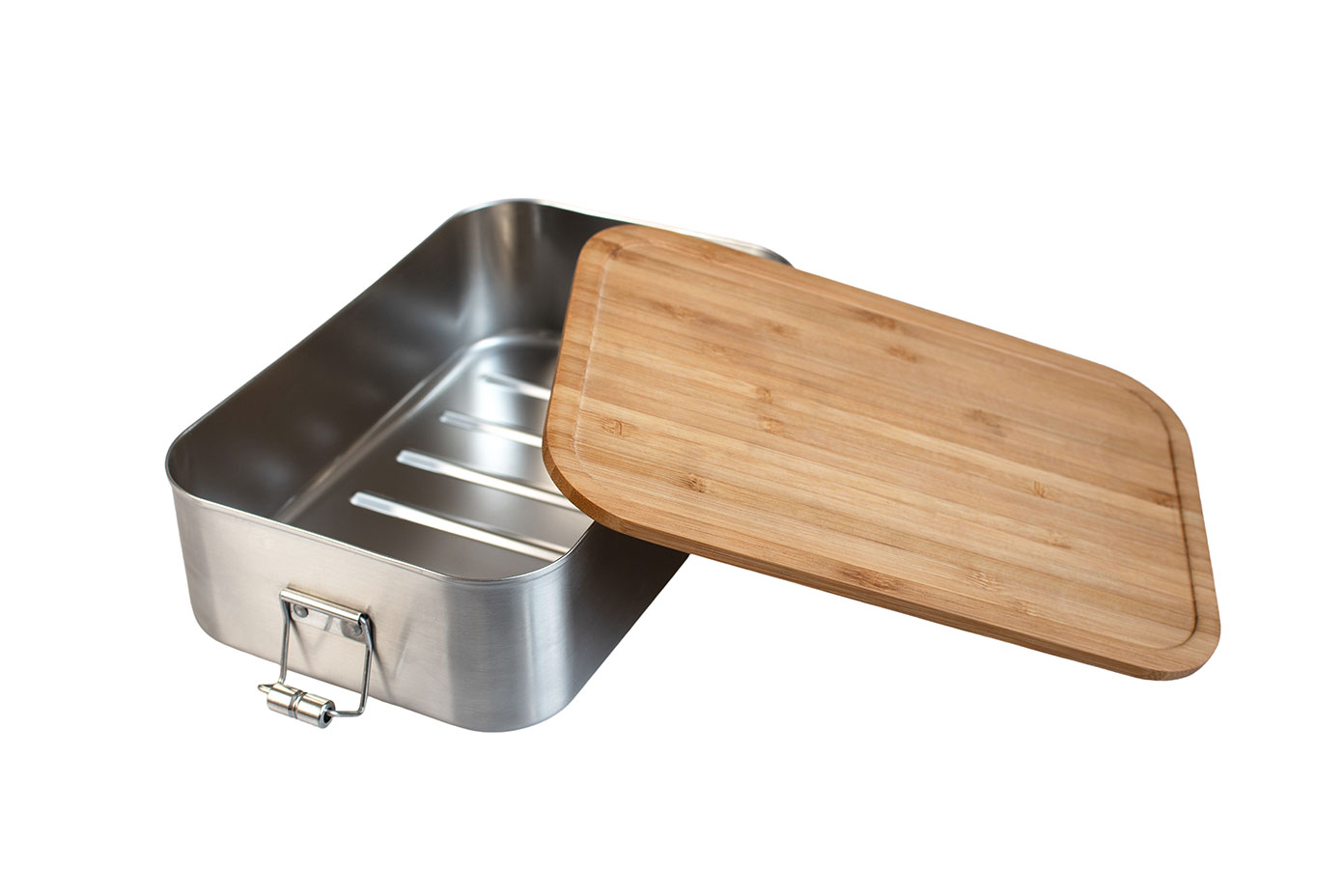 Große Edelstahl Lunchbox mit Bambusdeckel – offen