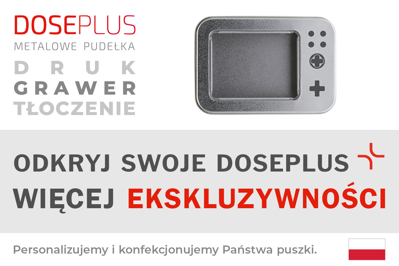 Małe metalowe pudełko Doseplus z okienkiem – baner z napisem: Odkryj swoje Doseplus, więcej ekskluzywności. Spersonalizowane metalowe opakowanie z grawerem, tłoczeniem i nadrukiem.