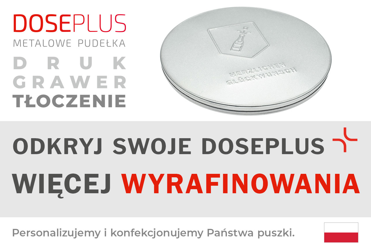 Okrągła srebrna puszka metalowa Doseplus z wytłoczonym motywem butelki szampana i napisem „Serdeczne gratulacje”. Tekst: „Tłoczenie, grawer laserowy, nadruk – odkryj Doseplus, więcej kunsztu”.