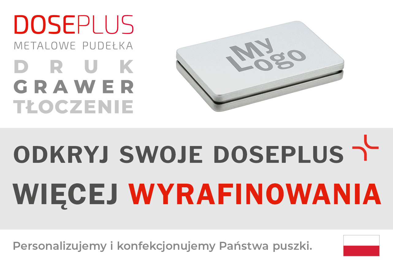 Metalowe pudełko Doseplus DSE 001 – baner z napisem: Odkryj swoje Doseplus, więcej wyrafinowania. Prostokątna srebrna puszka z grawerem laserowym i zdejmowaną pokrywką.