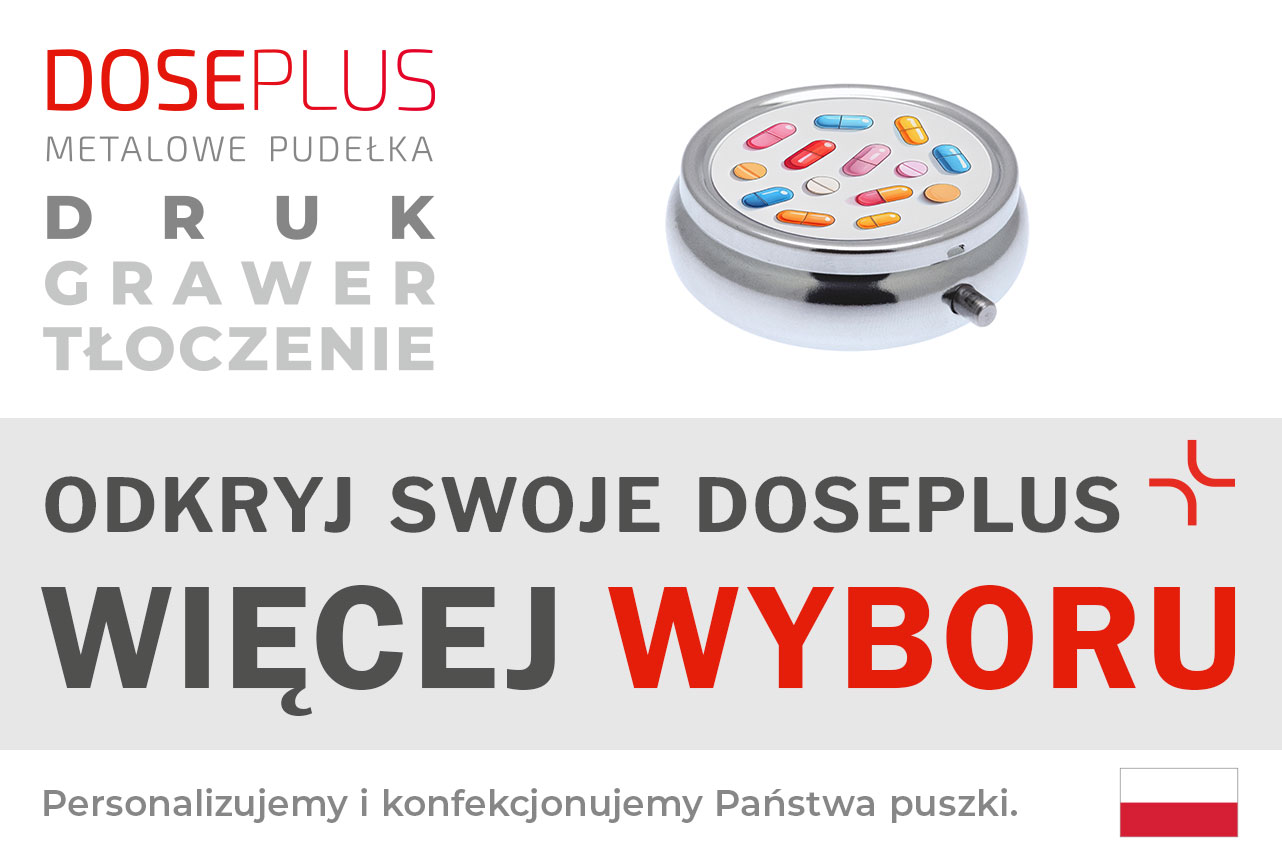Okrągłe metalowe pudełko na tabletki Doseplus – baner z napisem: Odkryj swoje Doseplus, więcej wyboru. Spersonalizowane pudełko z nadrukiem do promocji i prezentów.