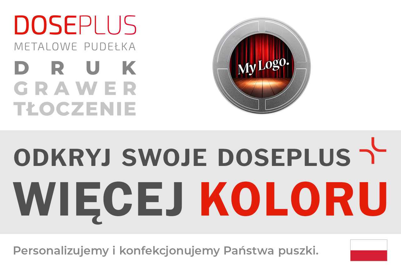 Puszka filmowa FD 010 od Doseplus z zimowym motywem; baner z tekstem „Odkryj swoje Doseplus – więcej koloru” oraz informacją o możliwości personalizacji poprzez druk, grawer i tłoczenie.