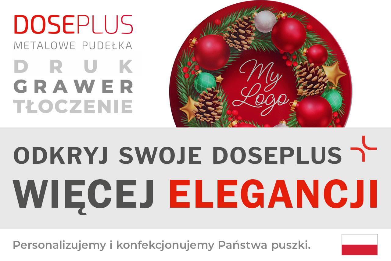 Okrągła puszka świąteczna WD 036 firmy Doseplus z czerwonym motywem bombek – tekst: „Odkryj swoje Doseplus – Więcej elegancji”. Wysokiej jakości metalowe opakowanie do personalizowanej firmowej dekoracji.