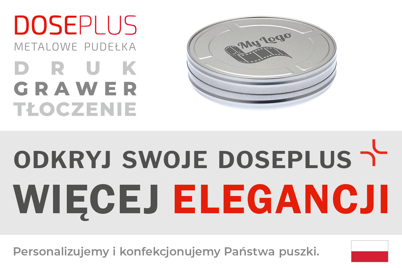 Okrągła puszka filmowa FD 015 Doseplus w kolorze srebrnym – tekst na banerze: „Odkryj swoje Doseplus – więcej elegancji”. Informacja o dostępnych uszlachetnieniach: druk, grawer, tłoczenie.