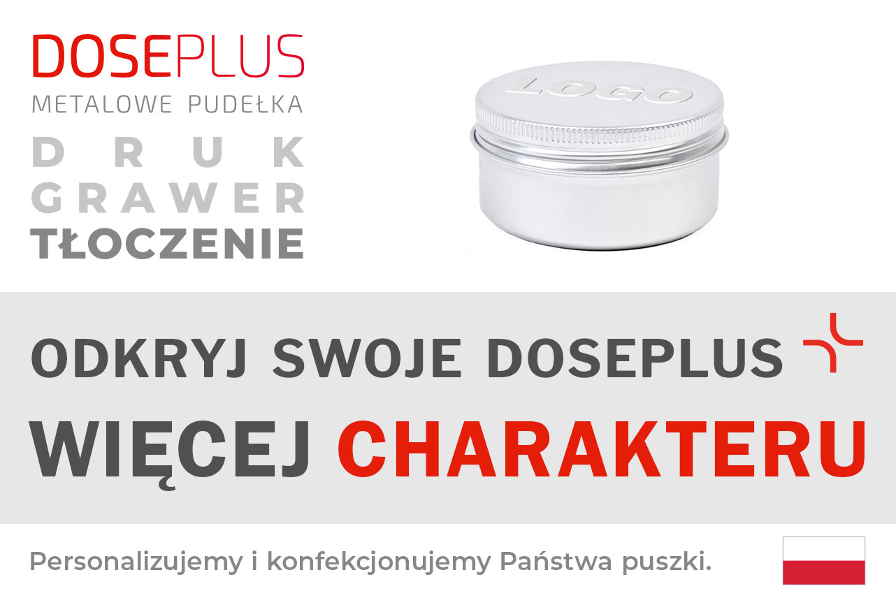Puszka aluminiowa Doseplus z zakrętką – baner z napisem: Odkryj swoje Doseplus, więcej charakteru. Spersonalizowane opakowania metalowe, tłoczone, grawerowane i drukowane.