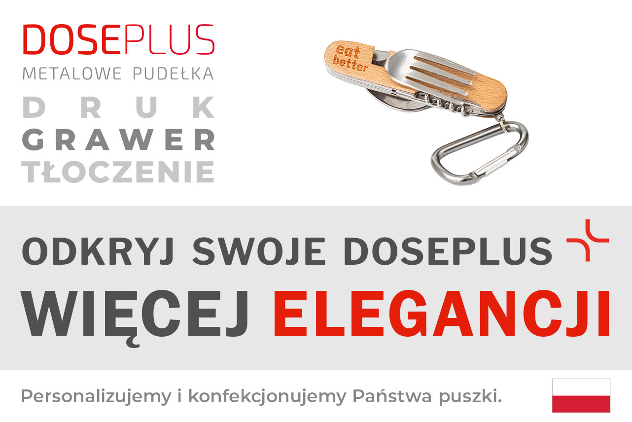Wielofunkcyjne sztućce outdoor ze stali nierdzewnej z drewnianą rękojeścią z buku – baner Doseplus: „Odkryj swoje Doseplus – Więcej elegancji”. Informacja o możliwościach personalizacji: grawer, druk, tłoczenie.