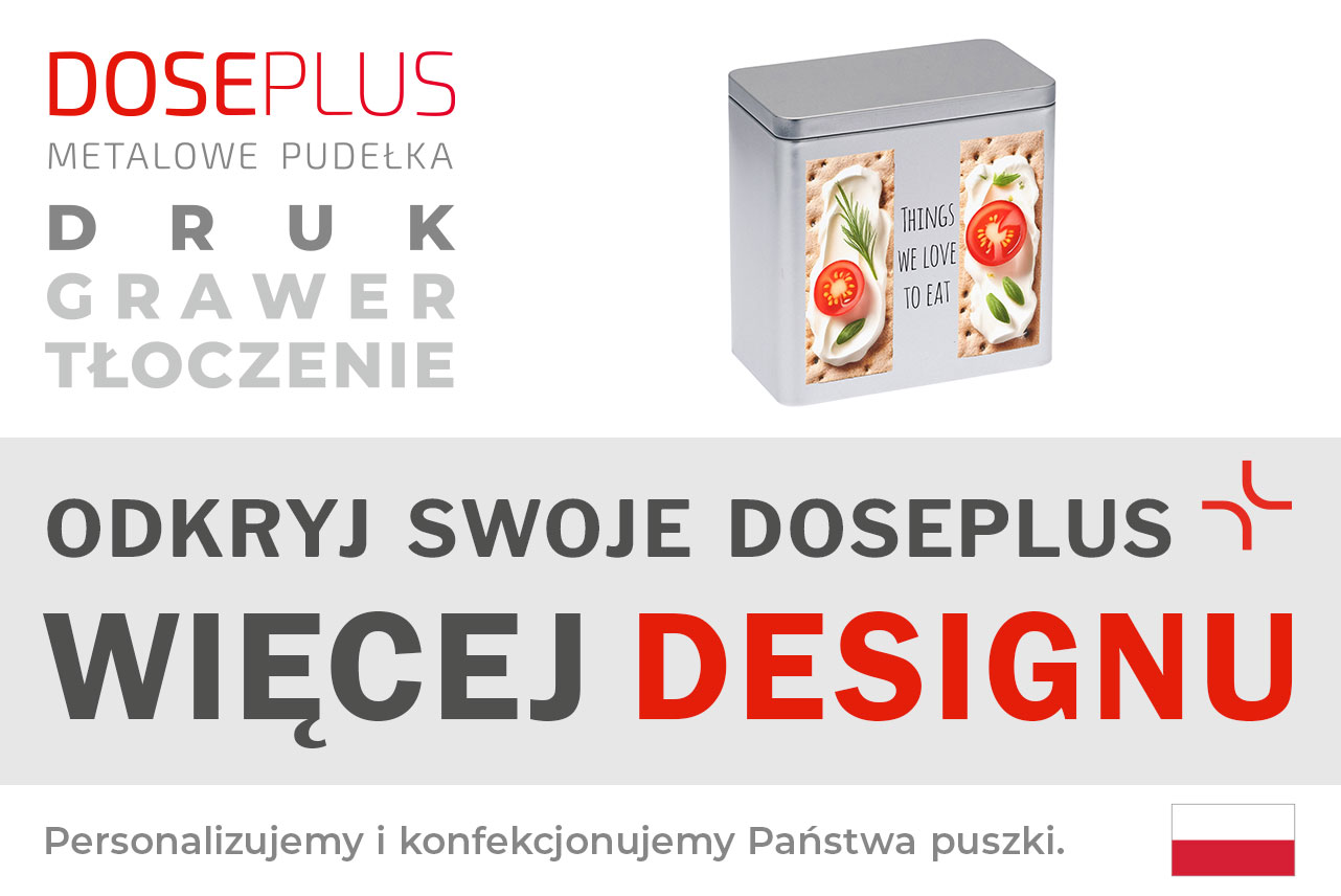 Prostokątna puszka metalowa na pieczywo chrupkie DSE 10.20 – Baner: Odkryj swoje Doseplus – Więcej designu. Solidne opakowanie do personalizacji i nowoczesnego brandingu.