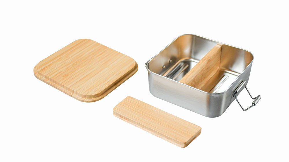 Bambus-Trennsteg 116x42x10 mm in Lunchbox eingesetzt – Zubehör für Edelstahl-Sandwichbox