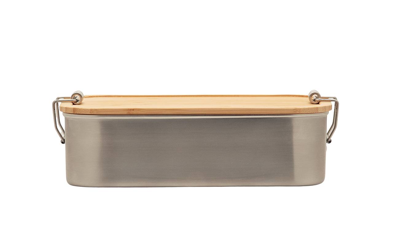 Seitenansicht Lunchbox aus Edelstahl mit Bambusdeckel, spülmaschinenfester Korpus, Handwäsche Deckel