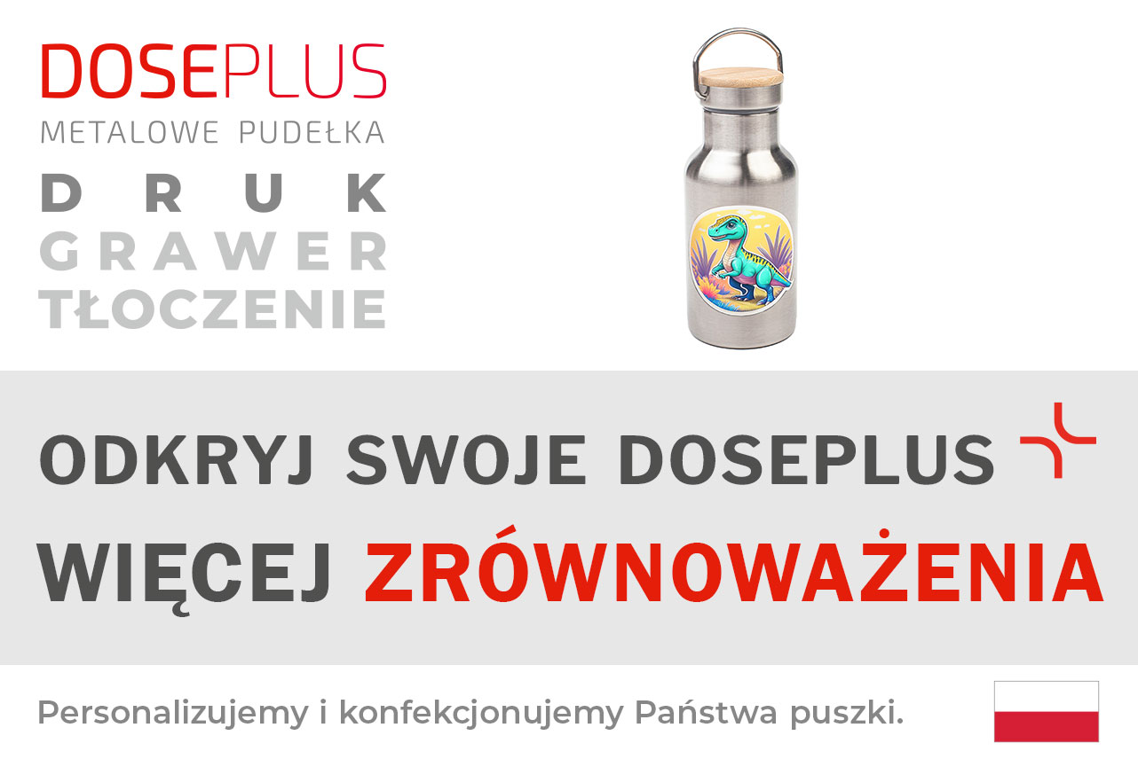 Butelka ze stali nierdzewnej Doseplus z nadrukiem – tekst banera: „Odkryj swoje Doseplus – więcej zrównoważenia”. Informacja o możliwościach personalizacji: druk, grawer i tłoczenie.