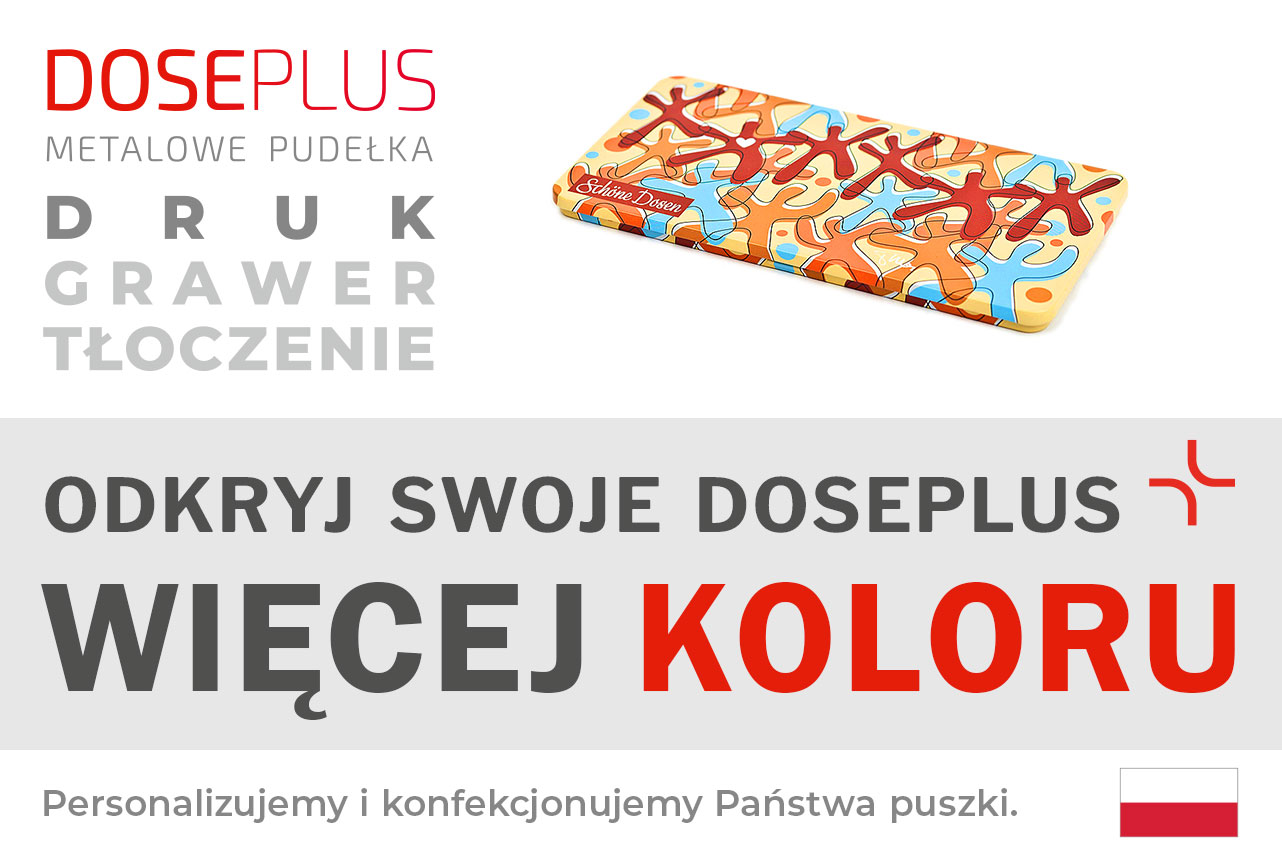 Metalowe pudełko na czekoladę Doseplus CO-005 – baner: Odkryj swoje Doseplus, więcej koloru. Elegancka płaska puszka idealna do personalizowanego pakowania słodyczy.