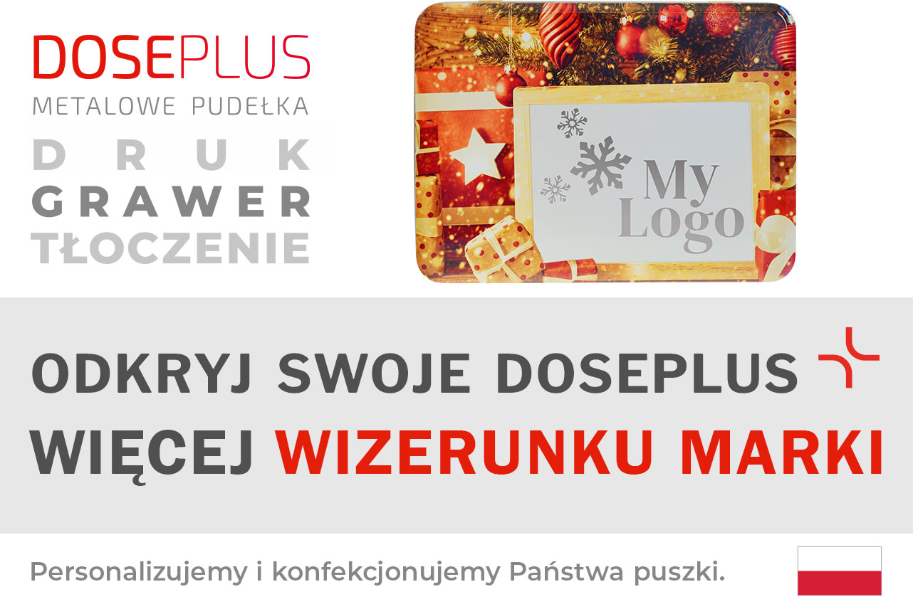 Prostokątna świąteczna puszka WD 091 marki Doseplus z ozdobnym motywem i możliwością personalizacji pokrywki. Tekst na banerze: „Odkryj swoje Doseplus – więcej wizerunku marki”. Eleganckie opakowanie metalowe do personalizowanych prezentów firmowych.