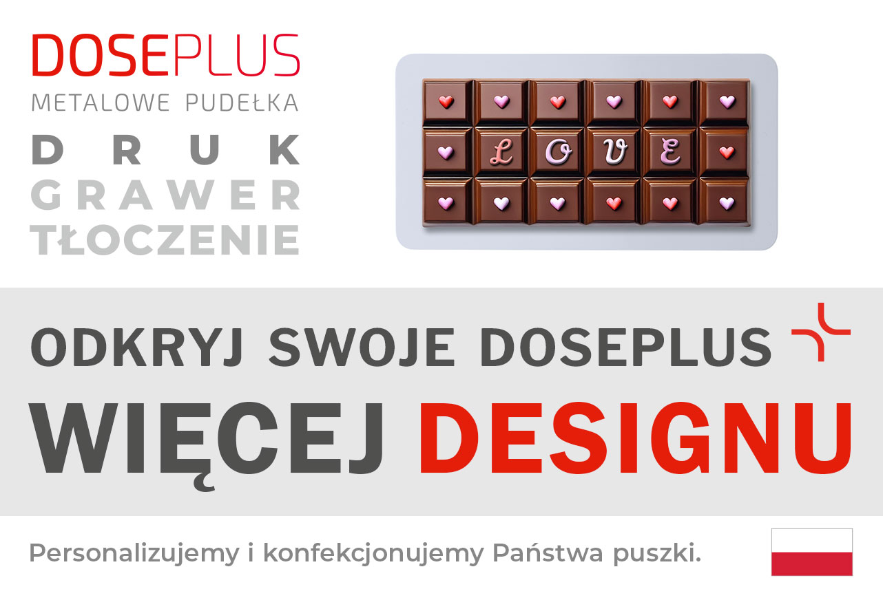 Metalowe pudełko na czekoladę Doseplus CO-010 – baner: Odkryj swoje Doseplus, więcej designu. Elegancka płaska puszka idealna do personalizowanego pakowania słodyczy.