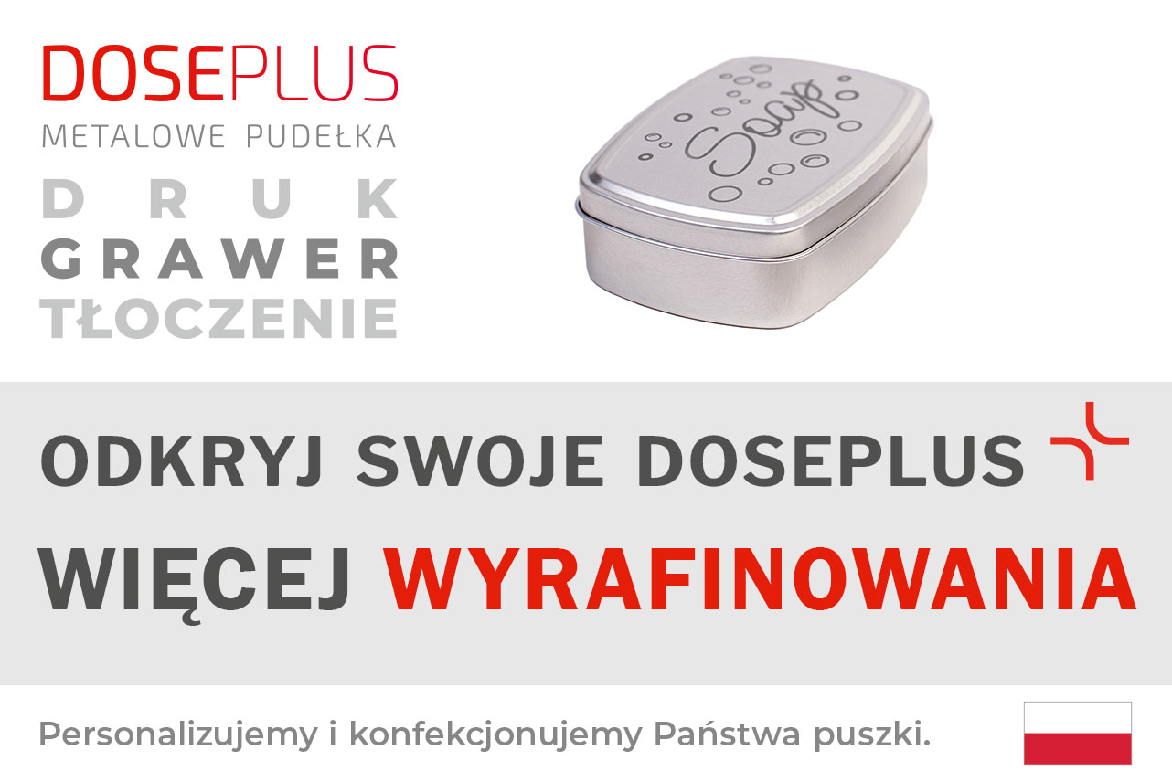 Metalowa mydelniczka Doseplus DSS-015 – baner: Odkryj swoje Doseplus, więcej wyróżnienia. Trwała aluminiowa puszka do mydeł w kostce.
