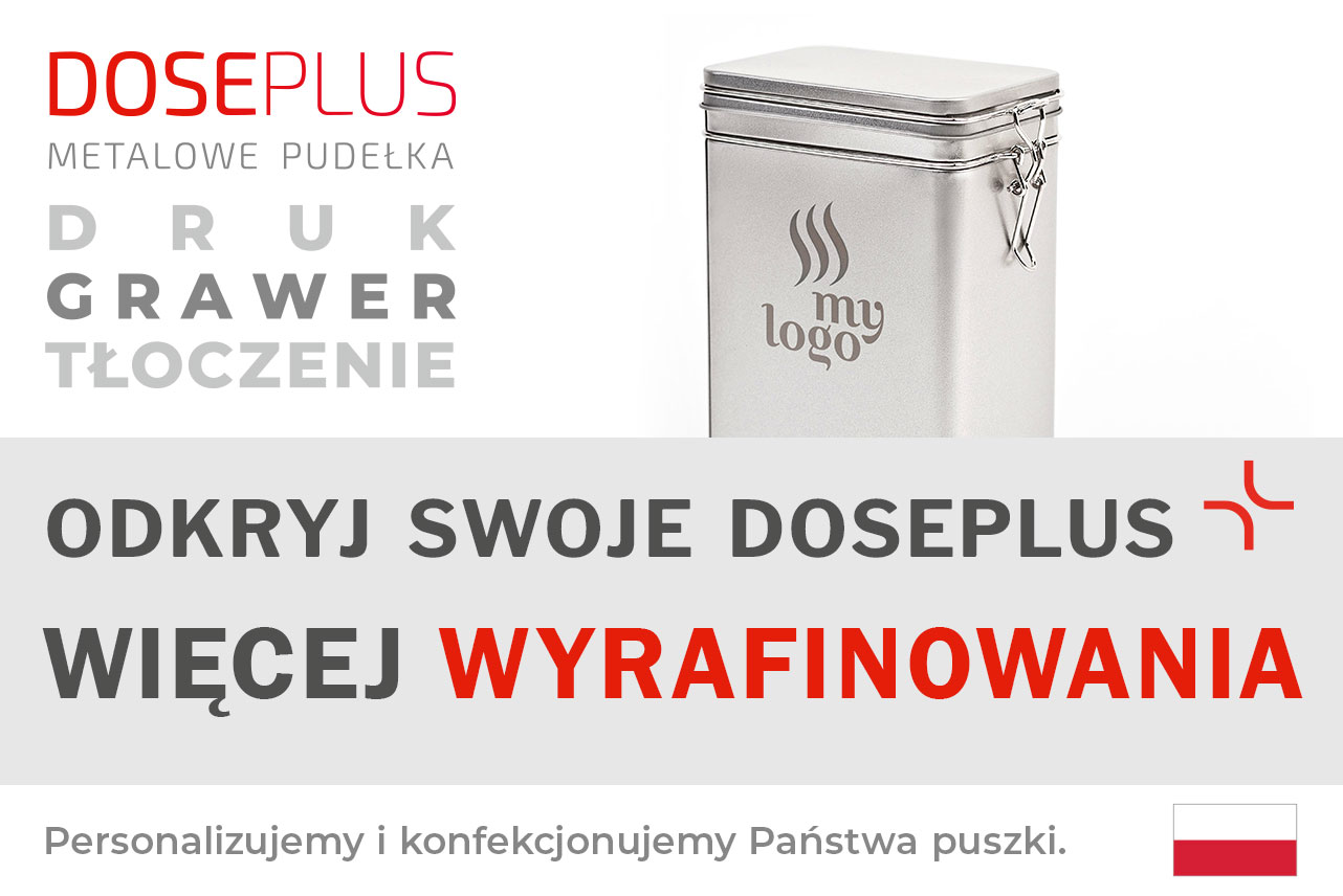 Metalowa puszka na kawę 500g DSA 021 – Baner: Odkryj swoje Doseplus – Więcej wyrafinowania. Trwałe metalowe opakowanie do profesjonalnej personalizacji i brandingu.