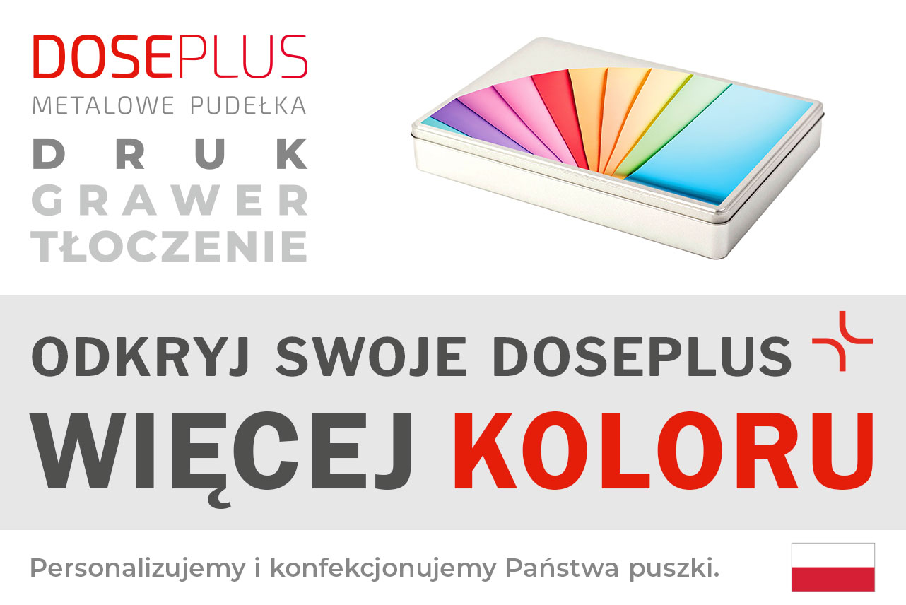Metalowe pudełko Doseplus A4 Maxi – baner z napisem: Odkryj swoje Doseplus, więcej koloru. Duża srebrna puszka w formacie A4 z nadrukiem kolorowym.