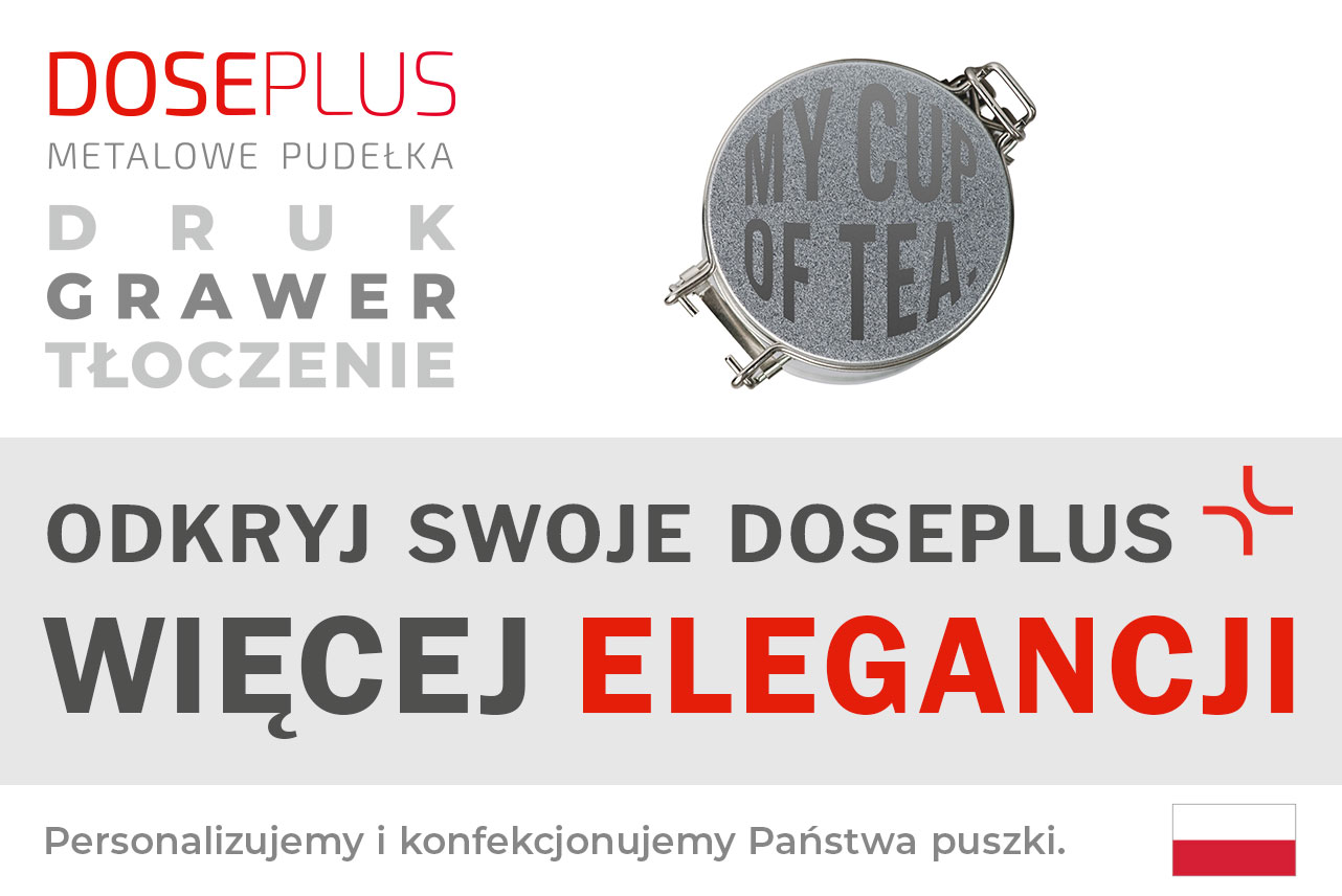 Metalowa puszka z zamknięciem klamrowym Doseplus DSA 001 – baner: Odkryj swoje Doseplus, więcej elegancji. Okrągłe, szczelne pudełko metalowe.