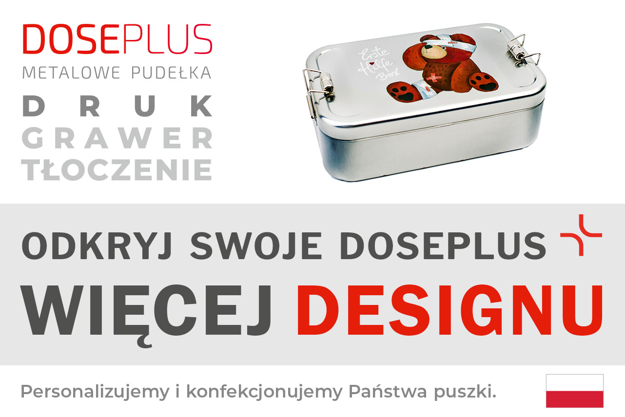 Metalowe pudełko śniadaniowe Doseplus Classic Maxi – baner z napisem: Odkryj swoje Doseplus, więcej designu. Spersonalizowane opakowania metalowe, tłoczone, grawerowane i drukowane.