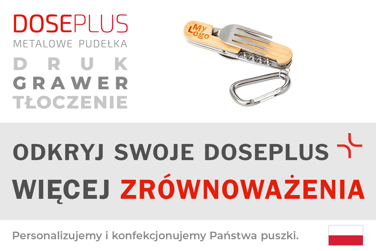 Butelka ze stali nierdzewnej TFL 030 z pokrywką z drewna bukowego na białym tle; obok grafika przedstawiająca opcje grawerowania i nadruku Doseplus; tekst na banerze: „Odkryj swoje Doseplus – więcej wyrafinowania”.