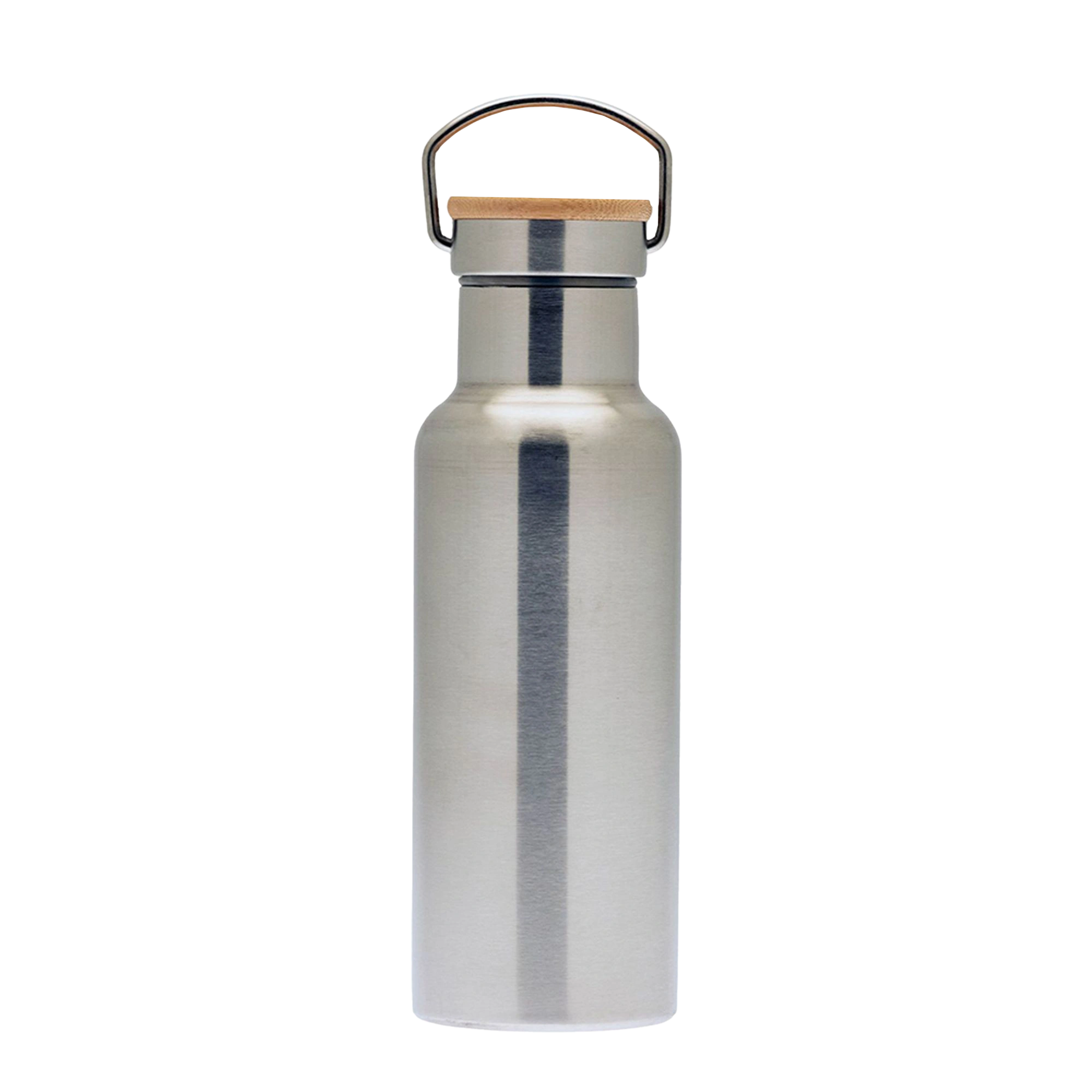 Geschlossene Edelstahlflasche mit Holzverschluss und Metallbügel, auf weißem Hintergrund fotografiert.