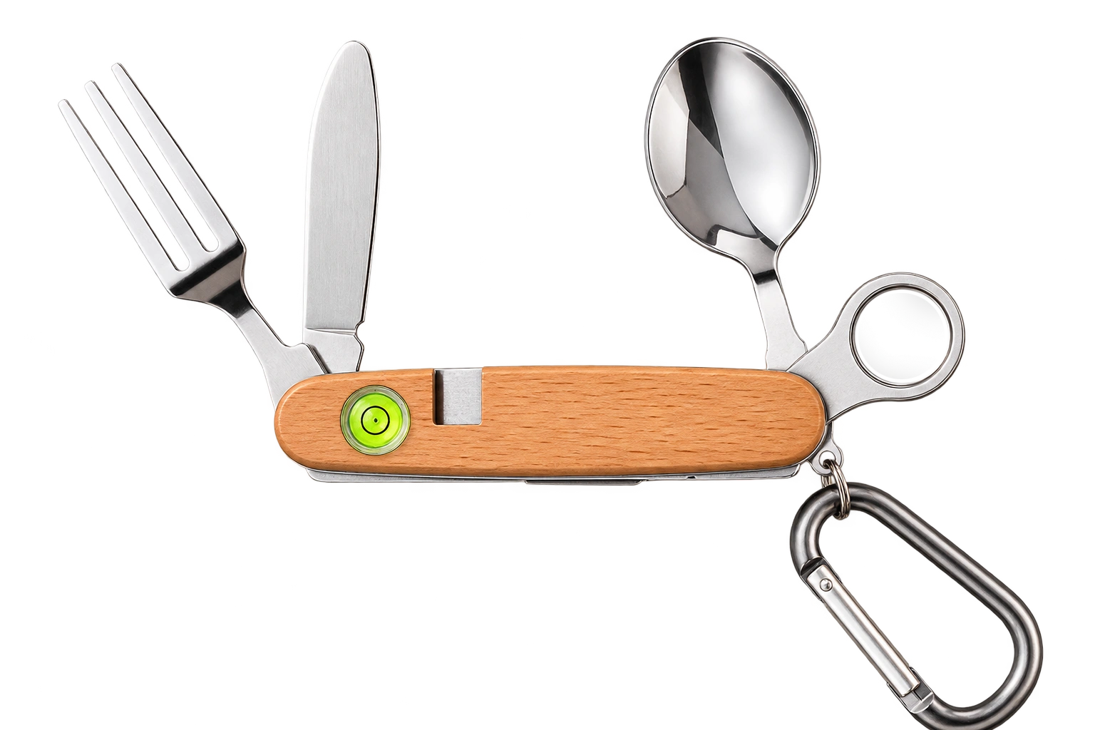 Kinder-Outdoor-Besteck mit Löffel, Gabel, Messer, Lupe, Wasserwaage und Karabiner