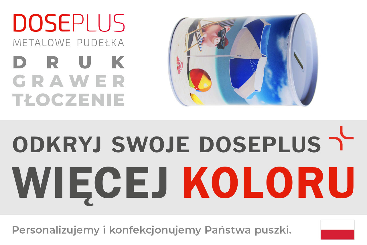 Okrągła metalowa puszka oszczędnościowa Doseplus z letnim nadrukiem – plaża, parasol, piłka i błękitne niebo. Tekst: „Tłoczenie, grawer laserowy, nadruk – odkryj Doseplus, więcej kolorów”.