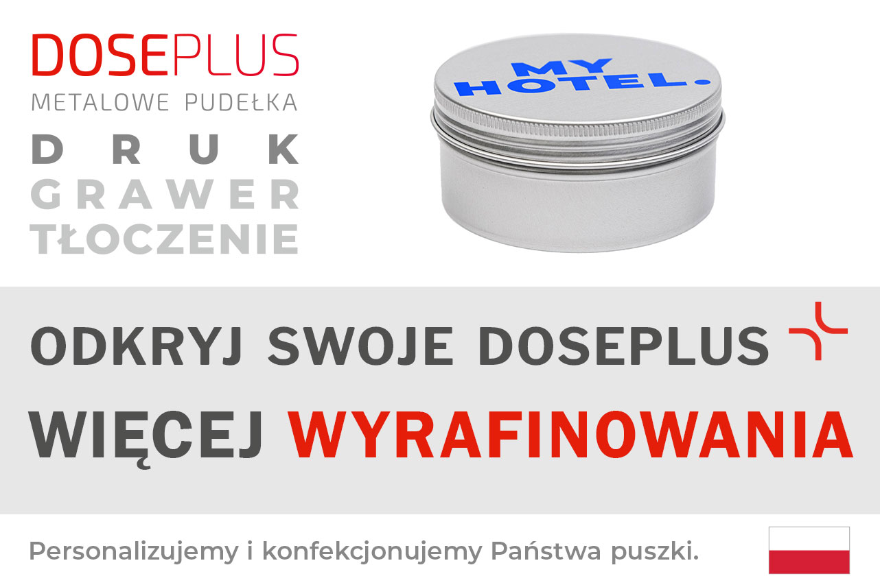 Okrągłe pudełko na mydło Doseplus DSS-055 – baner: Odkryj swoje Doseplus, więcej wyrafinowania. Metalowa puszka z wkładką ociekową do mydeł i kosmetyków.
