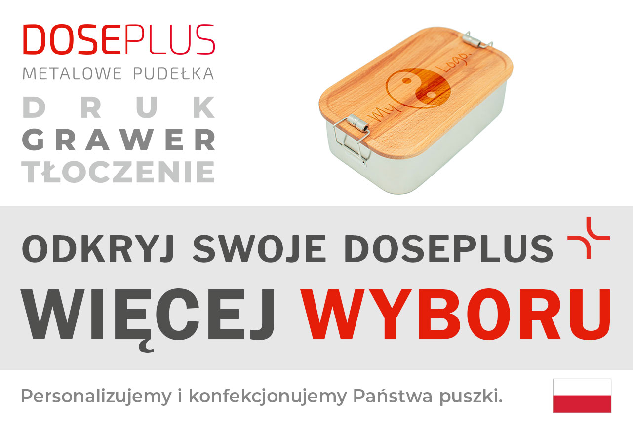 Stalowe pudełko śniadaniowe CP BU C4 z bambusową pokrywką – Baner: Odkryj swoje Doseplus – Więcej wyboru. Solidna lunchbox idealna do personalizacji i brandingu.