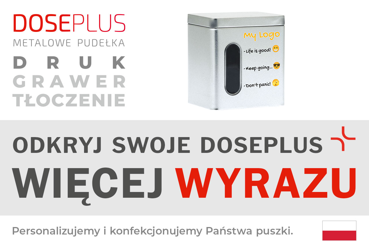 Prostokątna puszka magazynowa DSA 010 z okienkiem – Baner: Odkryj swoje Doseplus – Więcej wyrazu. Solidne metalowe opakowanie do personalizacji i profesjonalnego brandingu.