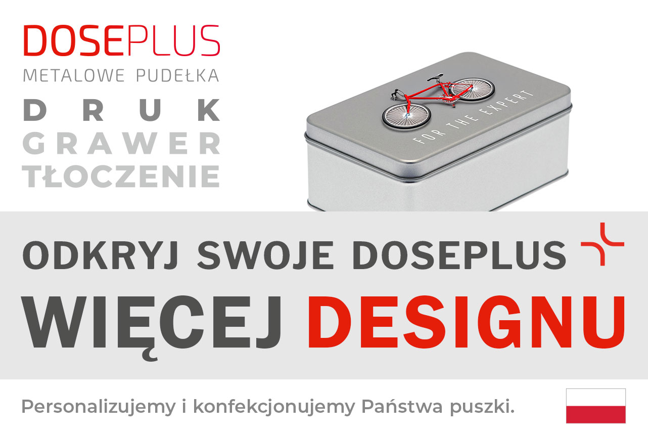Srebrna prostokątna puszka metalowa Doseplus z nadrukiem czerwonego roweru i napisem „FOR THE EXPERT”. Tekst: „Tłoczenie, grawer laserowy, nadruk – odkryj Doseplus, więcej designu”.