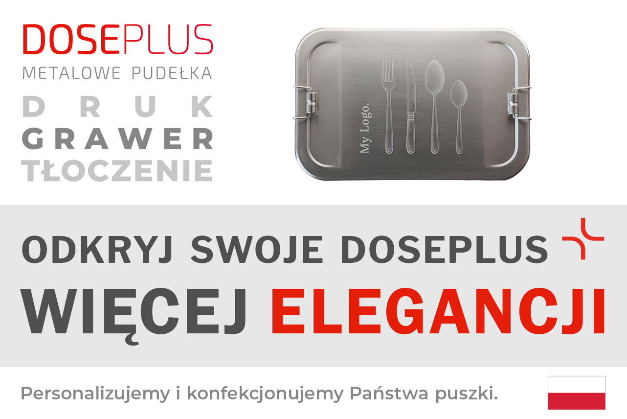 Wąska prostokątna puszka metalowa CP ES C7 – Baner: Odkryj swoje Doseplus – Więcej elegancji. Stylowe metalowe etui idealne do personalizacji i eleganckiego brandingu.