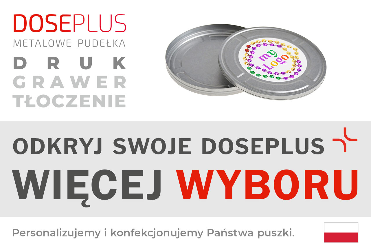 Okrągłe pudełko pamiątkowe FD 020 od Doseplus z możliwością nadruku, graweru i tłoczenia. Na banerze: „Odkryj swoje Doseplus – więcej wyboru”. Metalowe opakowanie premium do personalizacji B2B.