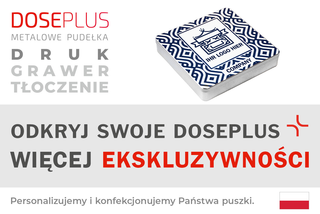 Kwadratowe metalowe pudełko na czekoladki Doseplus – baner z napisem: Odkryj swoje Doseplus, więcej ekskluzywności. Eleganckie metalowe opakowania z grawerem, tłoczeniem i nadrukiem.