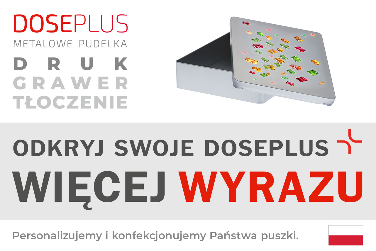 Prostokątne metalowe pudełko Doseplus – baner z napisem: Odkryj swoje Doseplus, więcej wyrazu. Spersonalizowane pudełko z nadrukiem dla kreatywnych projektów.
