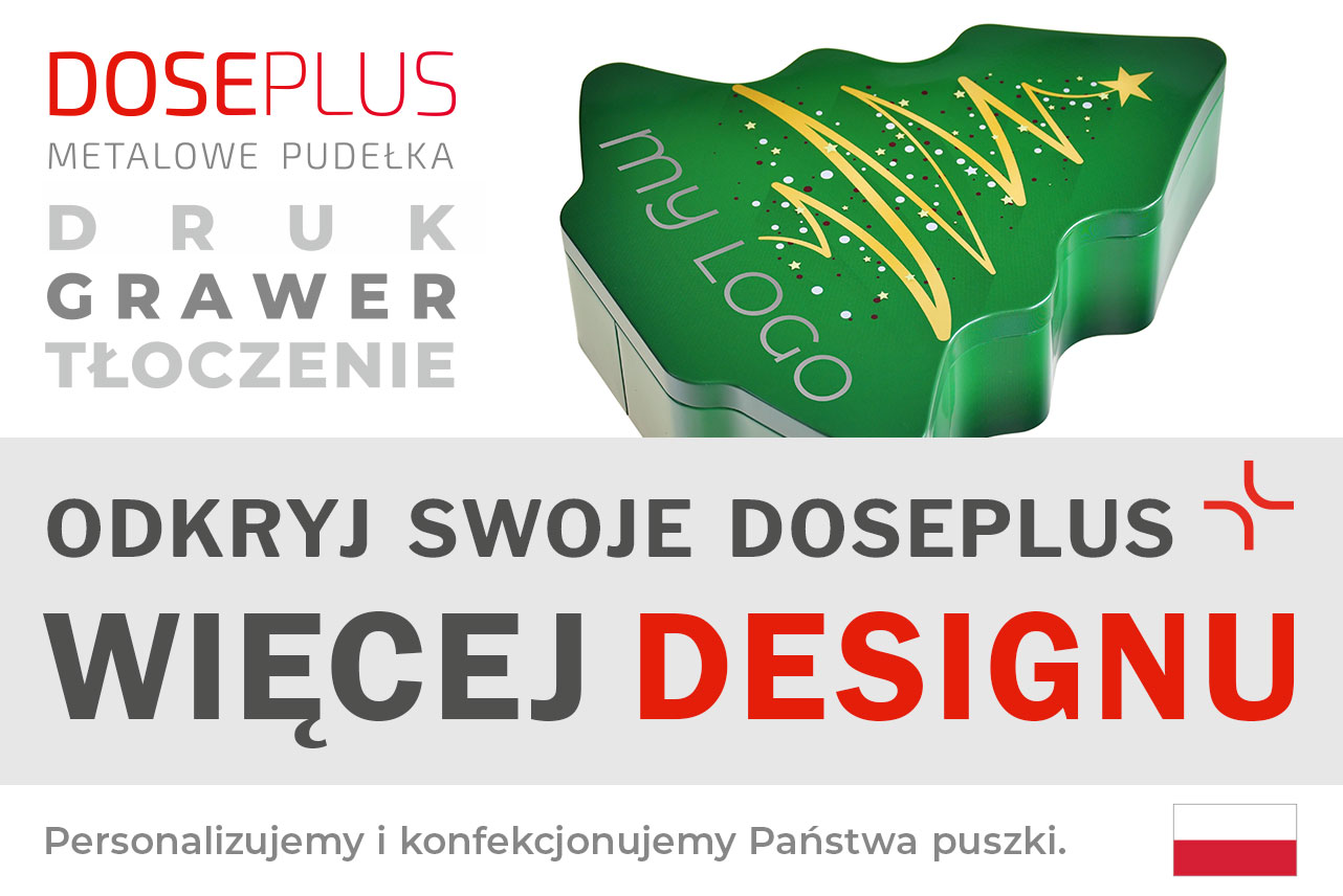 Ozdobny baner Doseplus z zieloną puszką świąteczną w kształcie choinki WD 050 – tekst na banerze: ODKRYJ SWOJE DOSEPLUS, WIĘCEJ DESIGNU. Metalowa puszka świąteczna z możliwością druku, grawerowania i tłoczenia do personalizacji B2B.