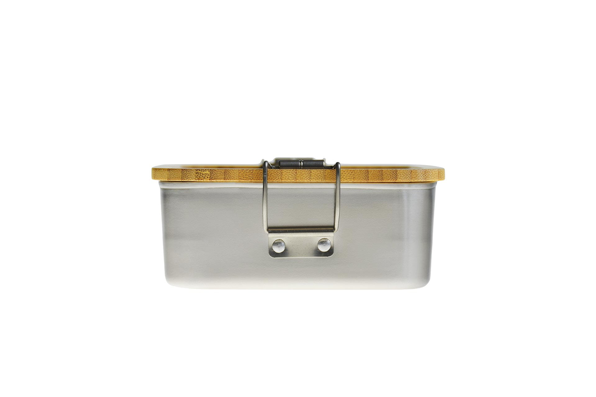 Frontansicht Edelstahl-Sandwichbox 120×120×47mm, nachhaltiger Bambusdeckel, 630ml, spülmaschinenfest, Handwäsche Deckel