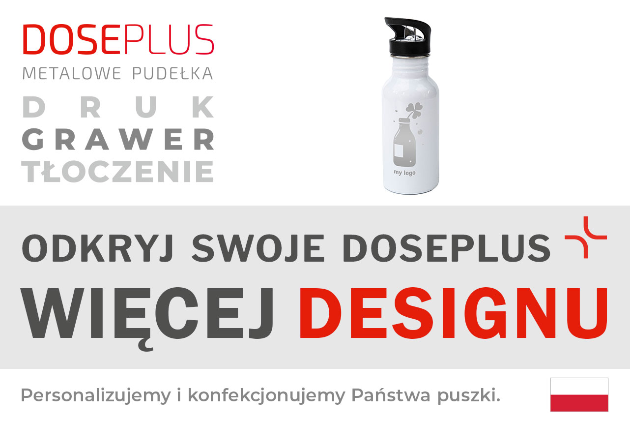 Butelka ze stali nierdzewnej TFL 025 od Doseplus – tekst z baneru: Odkryj swoje Doseplus – Więcej designu. Solidna butelka reklamowa do personalizacji poprzez nadruk, grawer lub laser.