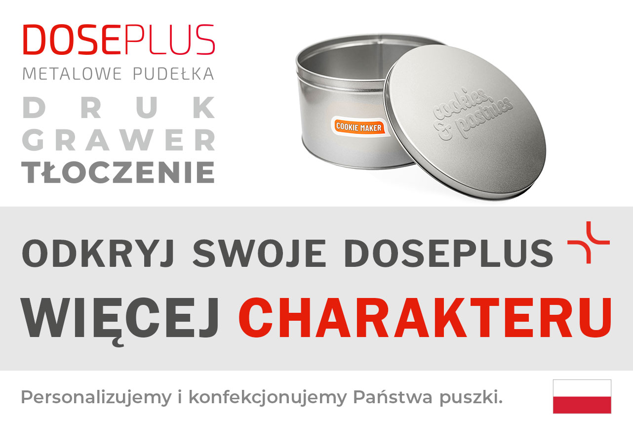 Okrągła srebrna puszka metalowa Doseplus z tłoczeniem „cookies & pastries” na wieczku i etykietą „COOKIE MAKER”. Tekst: „Tłoczenie, grawer laserowy, nadruk – odkryj Doseplus, więcej charakteru.”