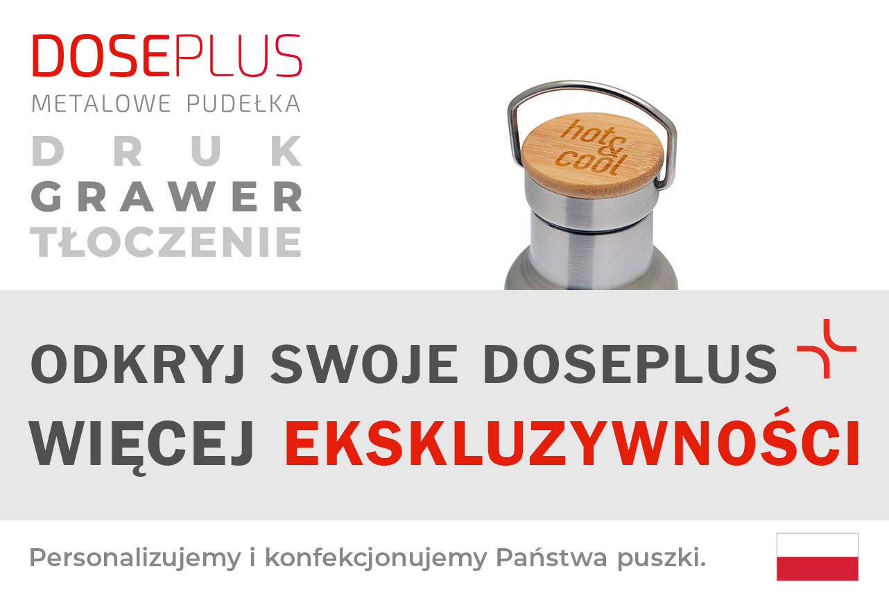 Butelka ze stali nierdzewnej Doseplus TFL 010 z bambusową pokrywką – tekst na banerze: „Odkryj swoje Doseplus – więcej ekskluzywności” oraz możliwości nadruku, grawerowania i tłoczenia. Personalizowana butelka reklamowa.