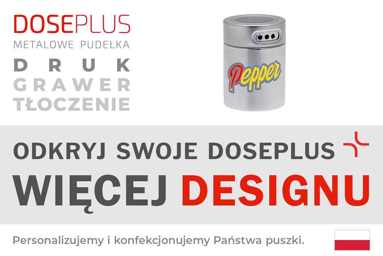 Metalowy dozownik przypraw Doseplus – baner z napisem: Odkryj swoje Doseplus, więcej designu. Stylowy pojemnik z możliwością graweru lub nadruku.