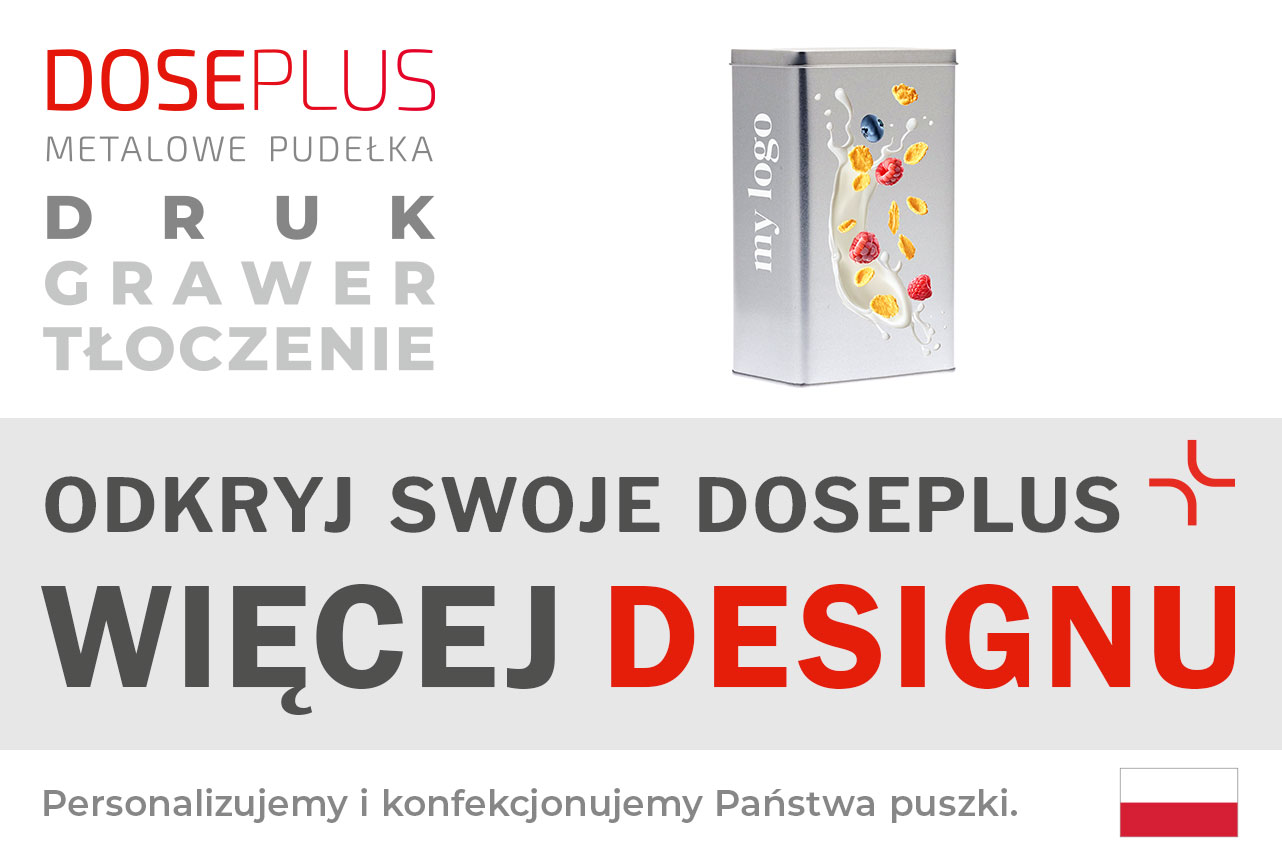 Prostokątna puszka metalowa z wieczkiem na zawiasach DSE 12.8.20 – Baner: Odkryj swoje Doseplus – Więcej designu. Solidne opakowanie do personalizacji i nowoczesnego brandingu.