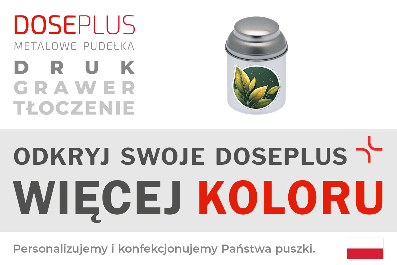 Okrągła puszka na herbatę Doseplus DSR 65.95 – baner: Odkryj swoje Doseplus, więcej koloru. Metalowa puszka do przechowywania herbaty i przypraw.
