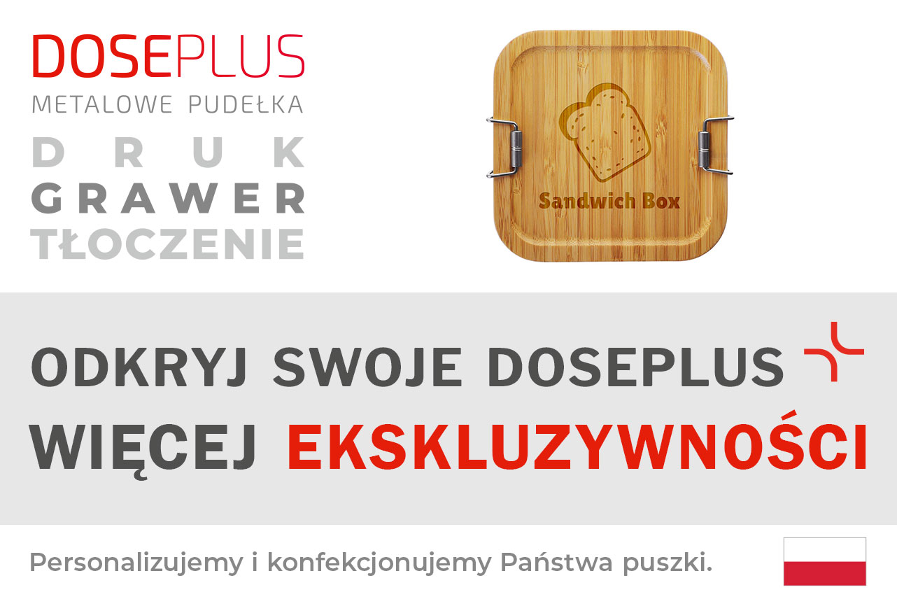 Prostokątne pudełko śniadaniowe z bambusa CP BA Q1 marki Doseplus z powierzchnią do grawerowania i nadruku. Tekst banera: „Odkryj swoje Doseplus – więcej ekskluzywności”. Ekologiczne pudełko idealne do personalizacji firmowej.